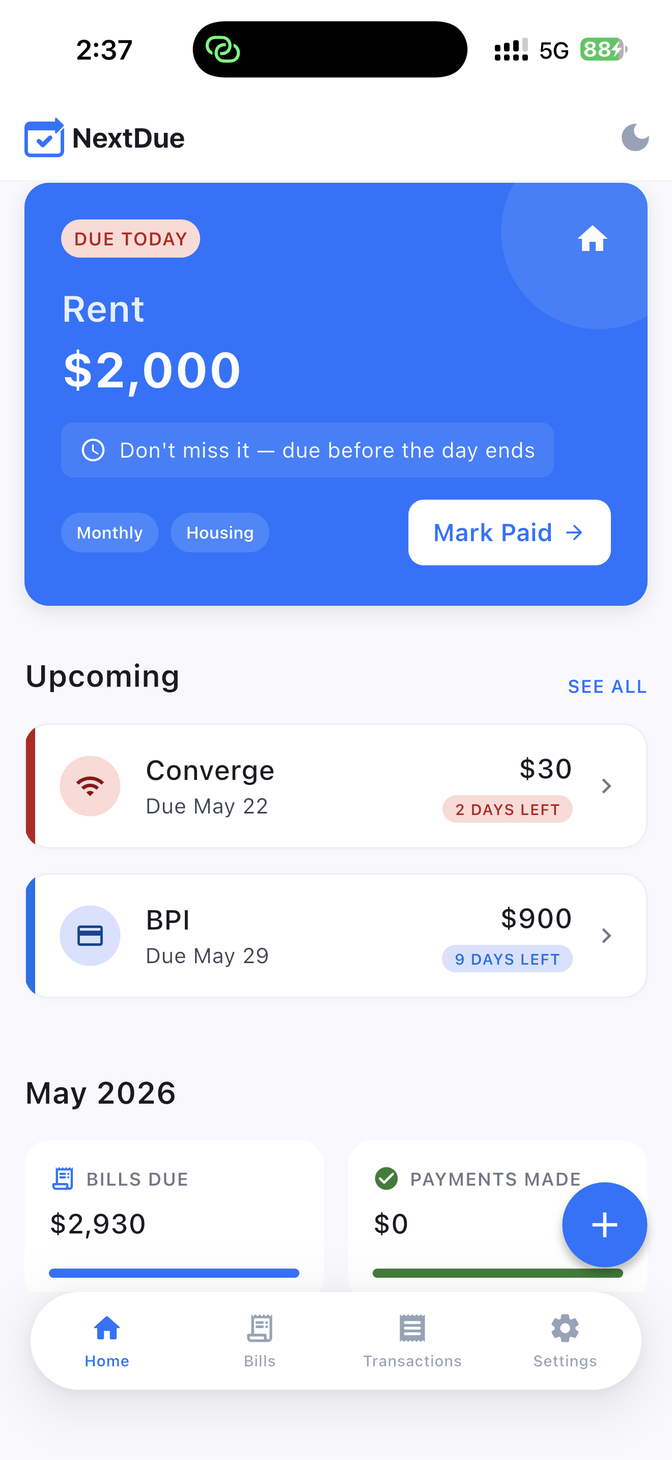 NextDue home screen showing Rent due today and upcoming bills