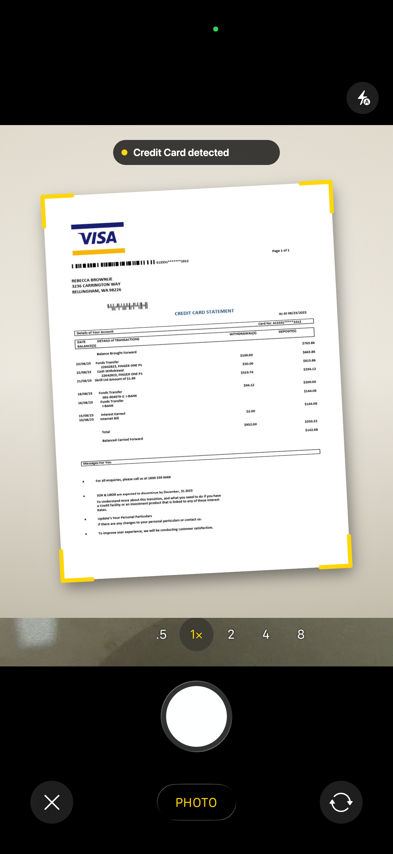 Camera capture view scanning a Visa credit card statement