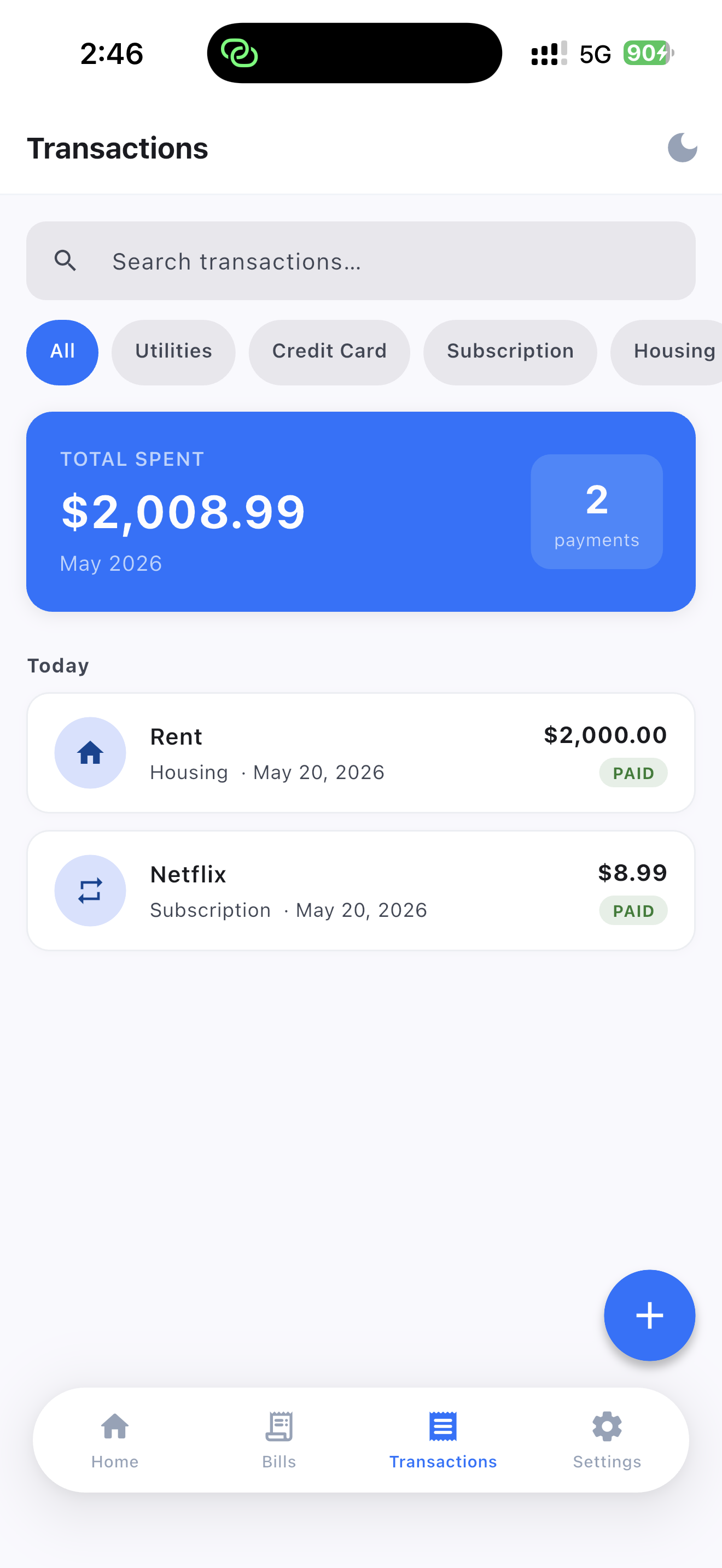 Transactions screen